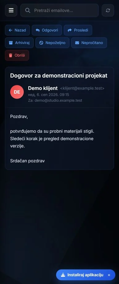 Mobilni prikaz probne email prepiske