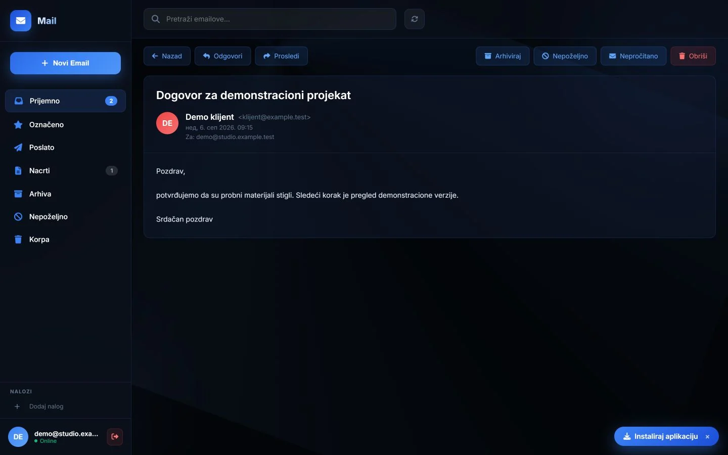 Desktop prikaz probne email prepiske grupisane u razgovor